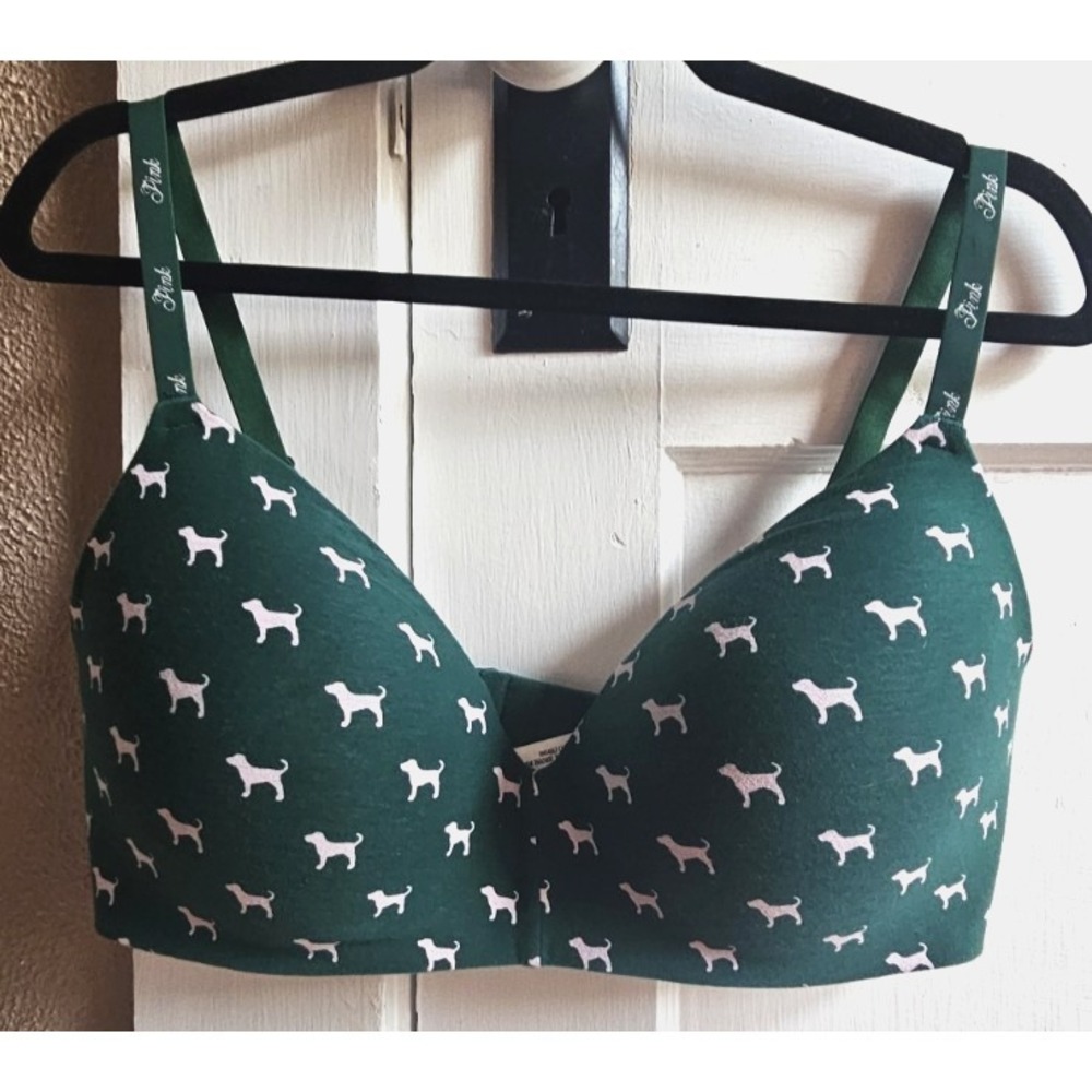 Victoria's Secret PINK everywhere Push-Up‎ bra jaguar green dog print 38DD